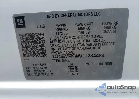 2018 Chevrolet Traverse Ls z USA, uszkodzony, nr VIN 1GNEVFKW9JJ284484